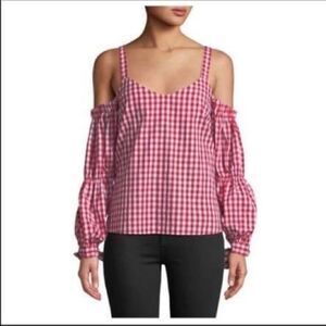 Gingham Cold Shoulder Tie Sleeve Shirt - size S